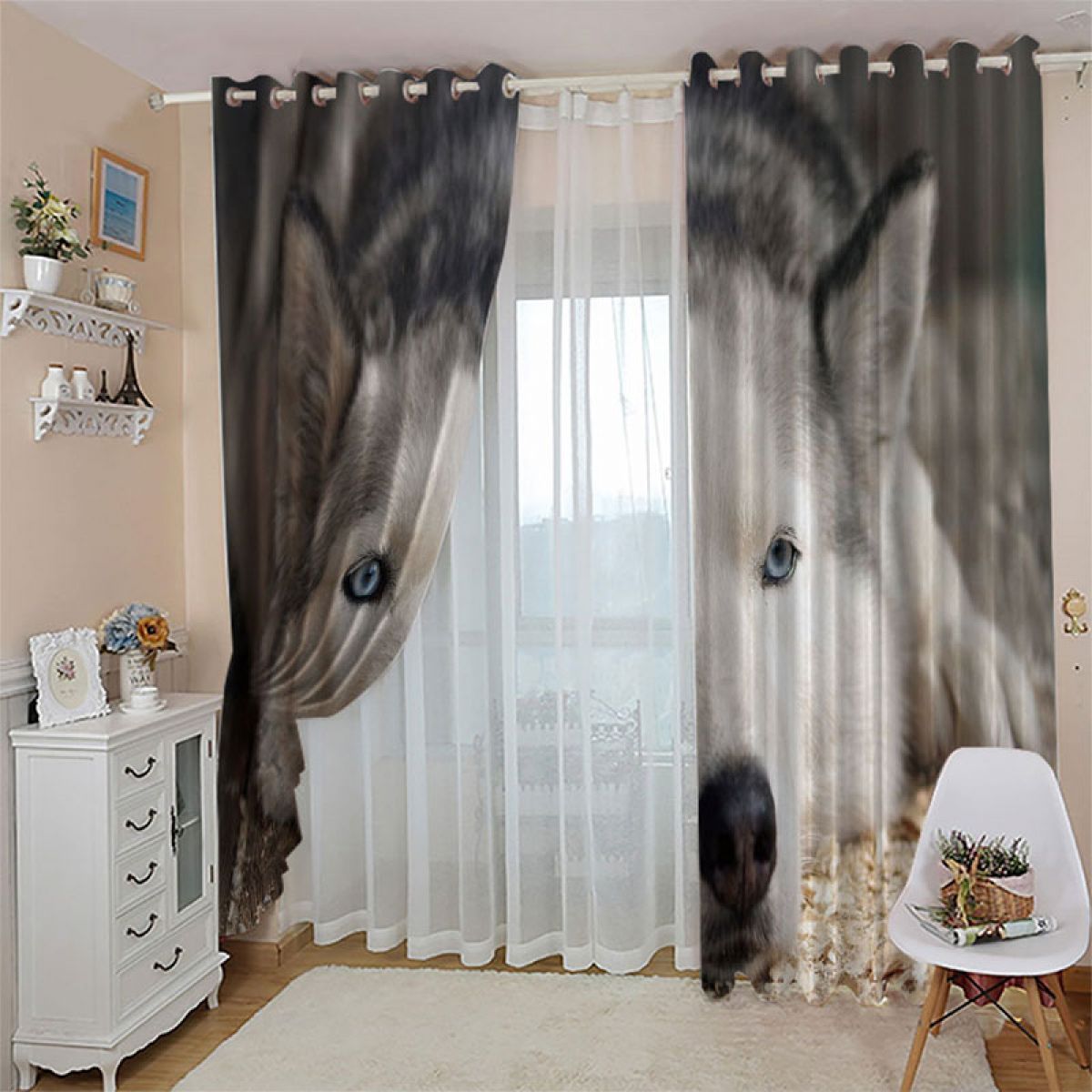 gray and white lying huskie printed window curtain home decor 6447