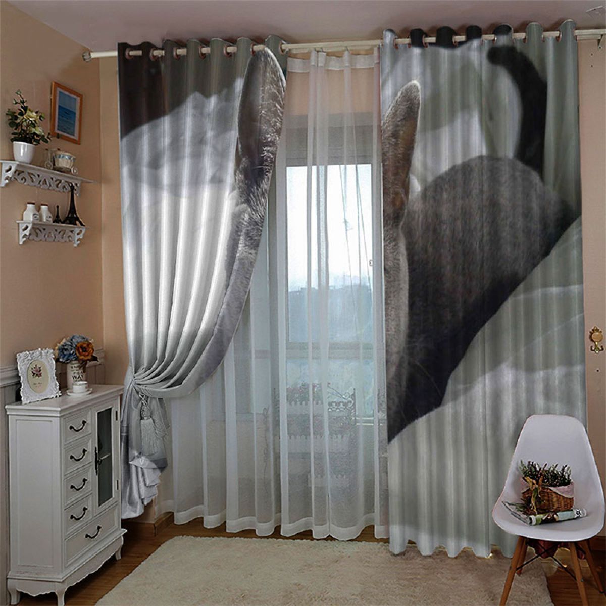 gray cat printed window curtain home decor 5712