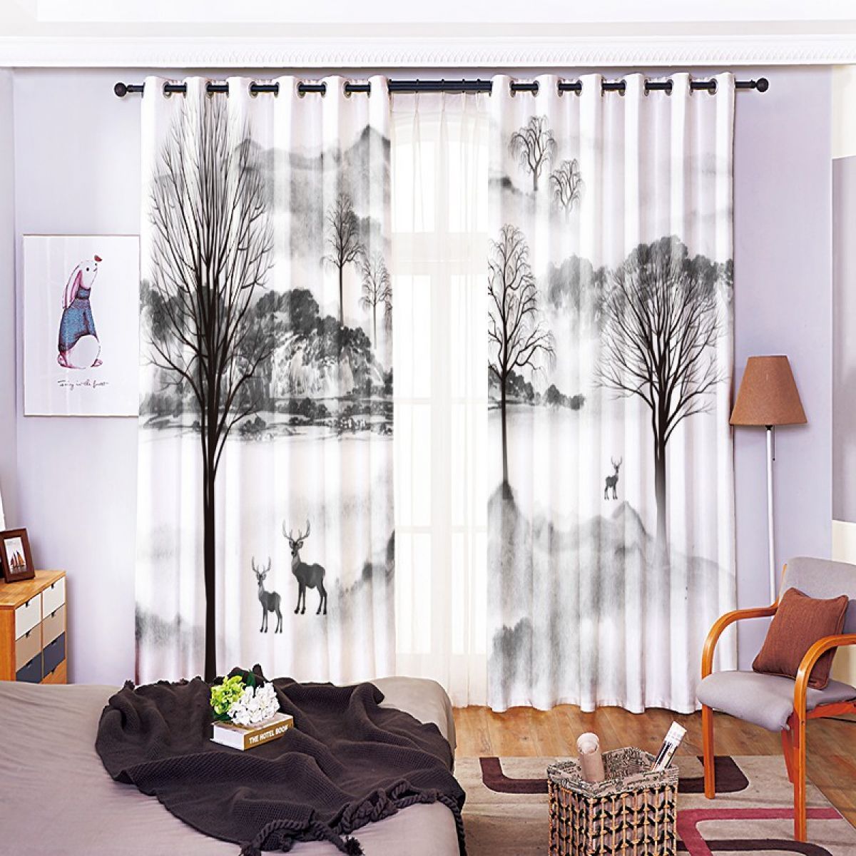 Gray Chinese Painting Printed Window Curtain Home Decor gray chinese painting printed window curtain home decor 2910