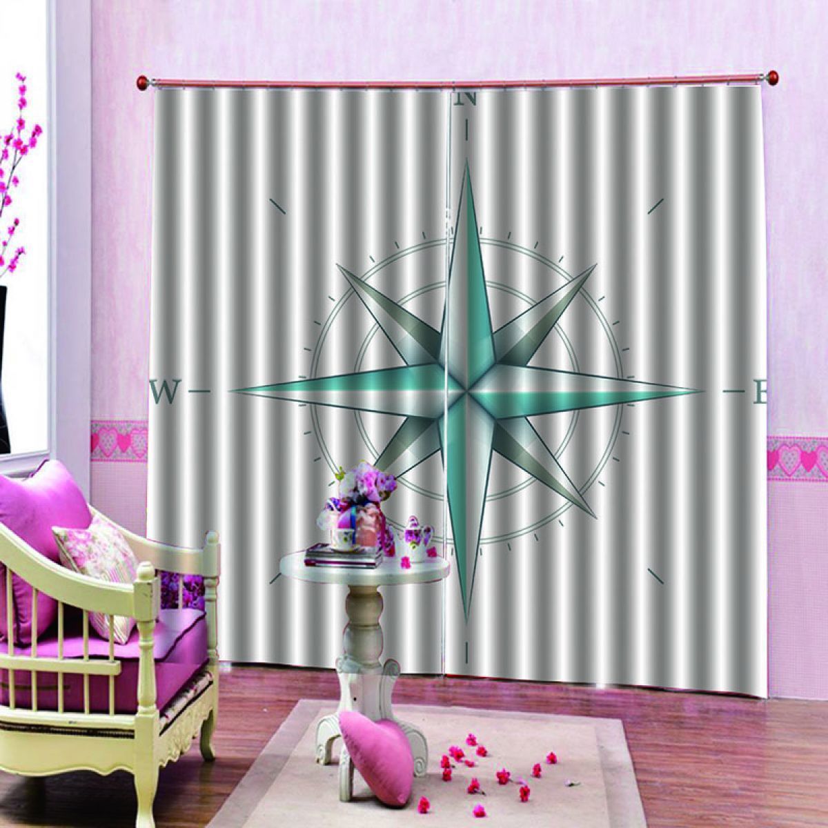gray compass printed window curtain home decor 2305