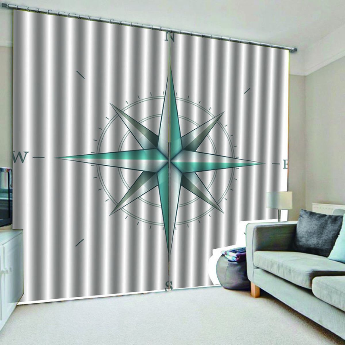 gray compass printed window curtain home decor 2373