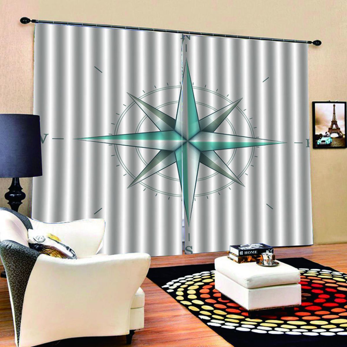 gray compass printed window curtain home decor 6309