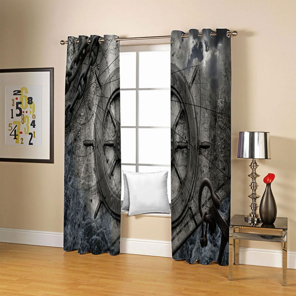gray rudder and chain printed window curtain home decor 4736