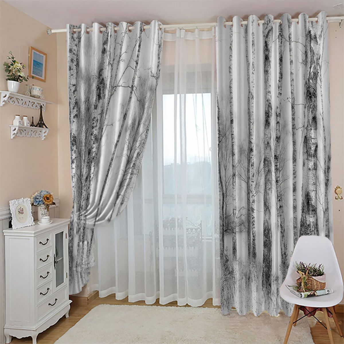 gray trees printed window curtain home decor 8207