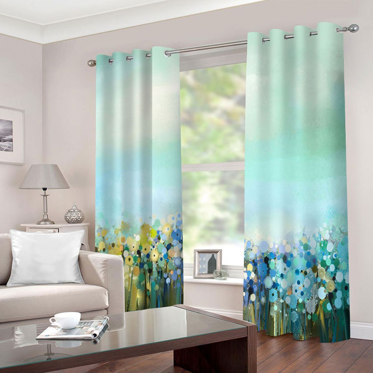 green and blue flowers painting printed window curtain home decor 8399
