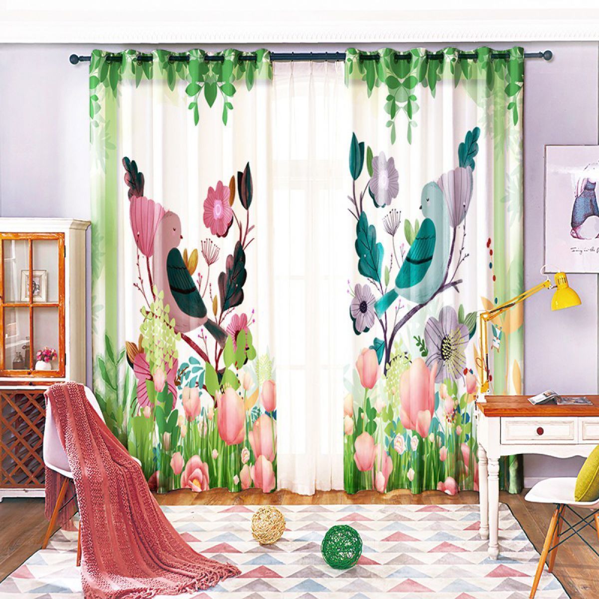 green bird and flower printed window curtain home decor 2434