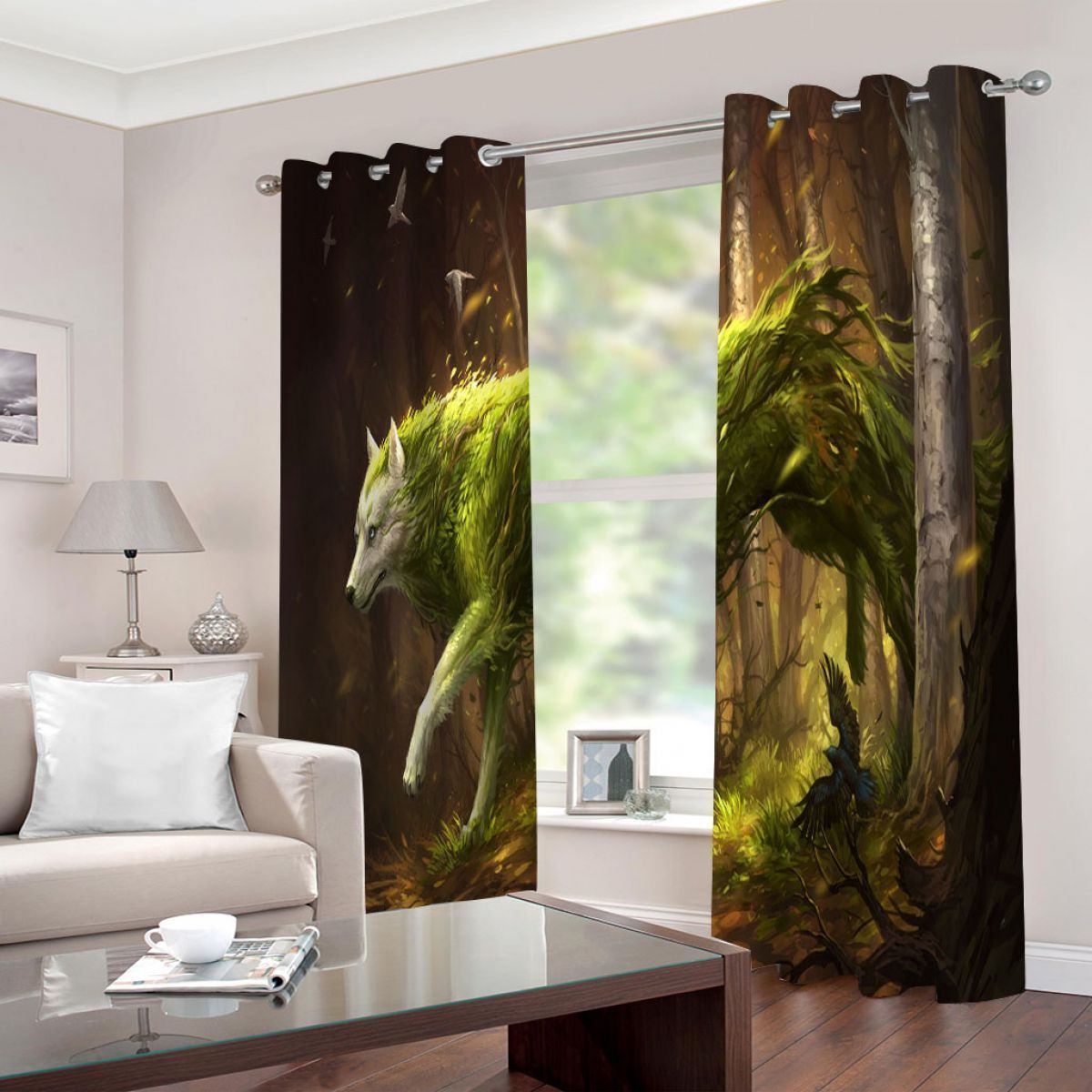 green jungle wolf printed window curtain home decor 3695