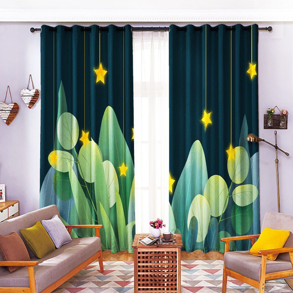 Green Plant And Stars Printed Window Curtain Home Decor green plant and stars printed window curtain home decor 2231