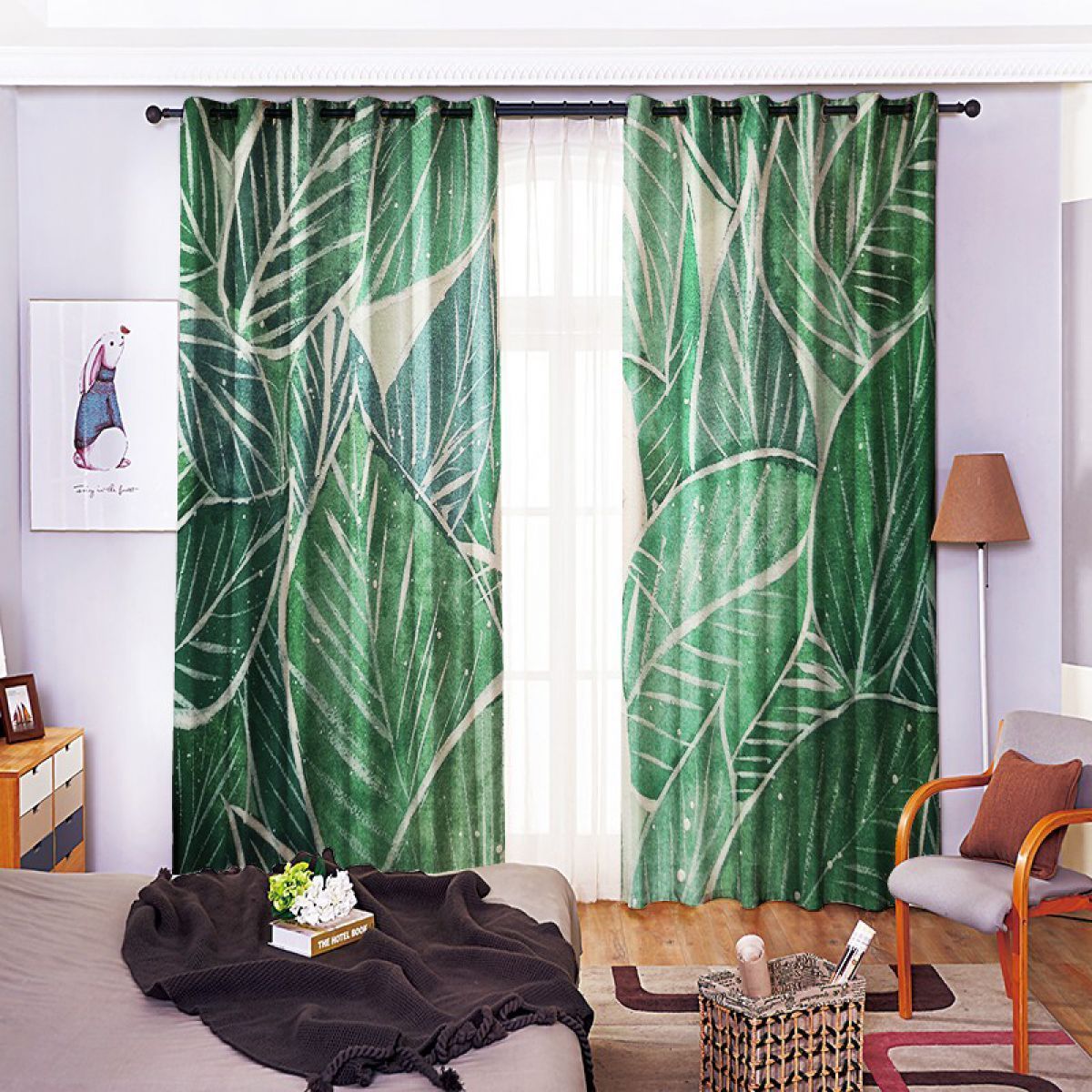 green plant drawing printed window curtain home decor 3774