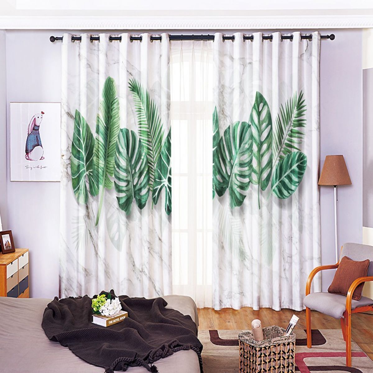 Green Tropical Leaves In White Printed Window Curtain Home Decor green tropical leaves in white printed window curtain home decor 5362