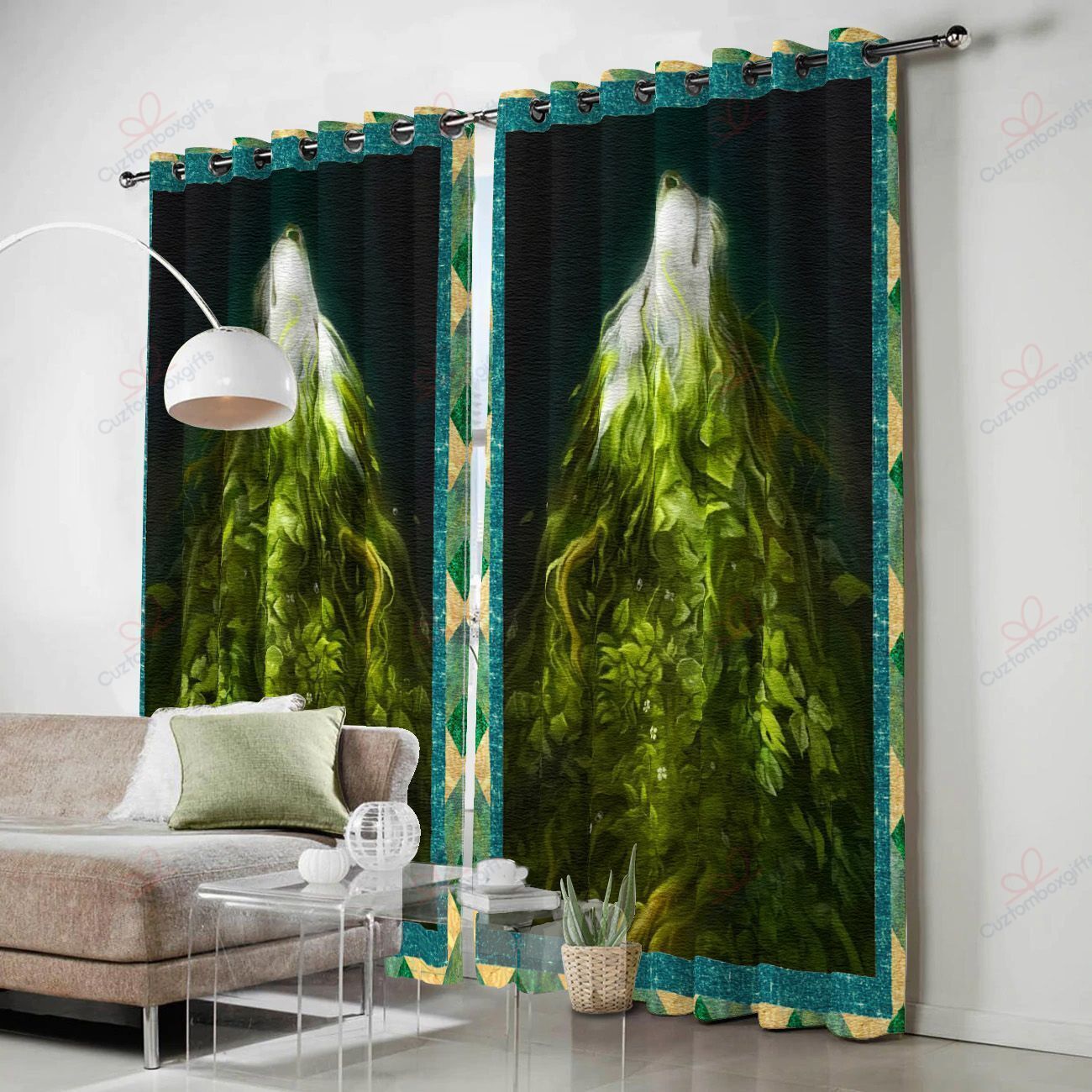 green wolf printed window curtain home decor 6013