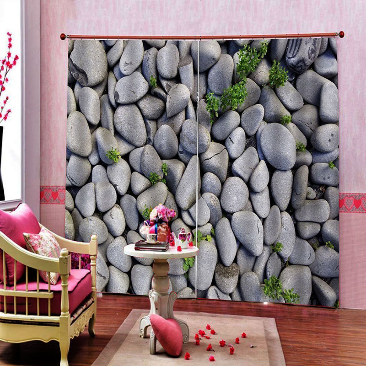 grey cobblestones and grasses printed window curtain home decor 3734
