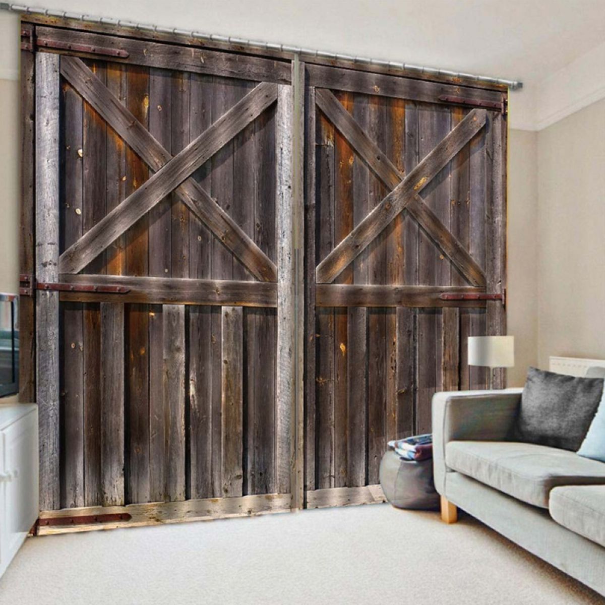 Grey Wooden Door Printed Window Curtain Home Decor grey wooden door printed window curtain home decor 6835