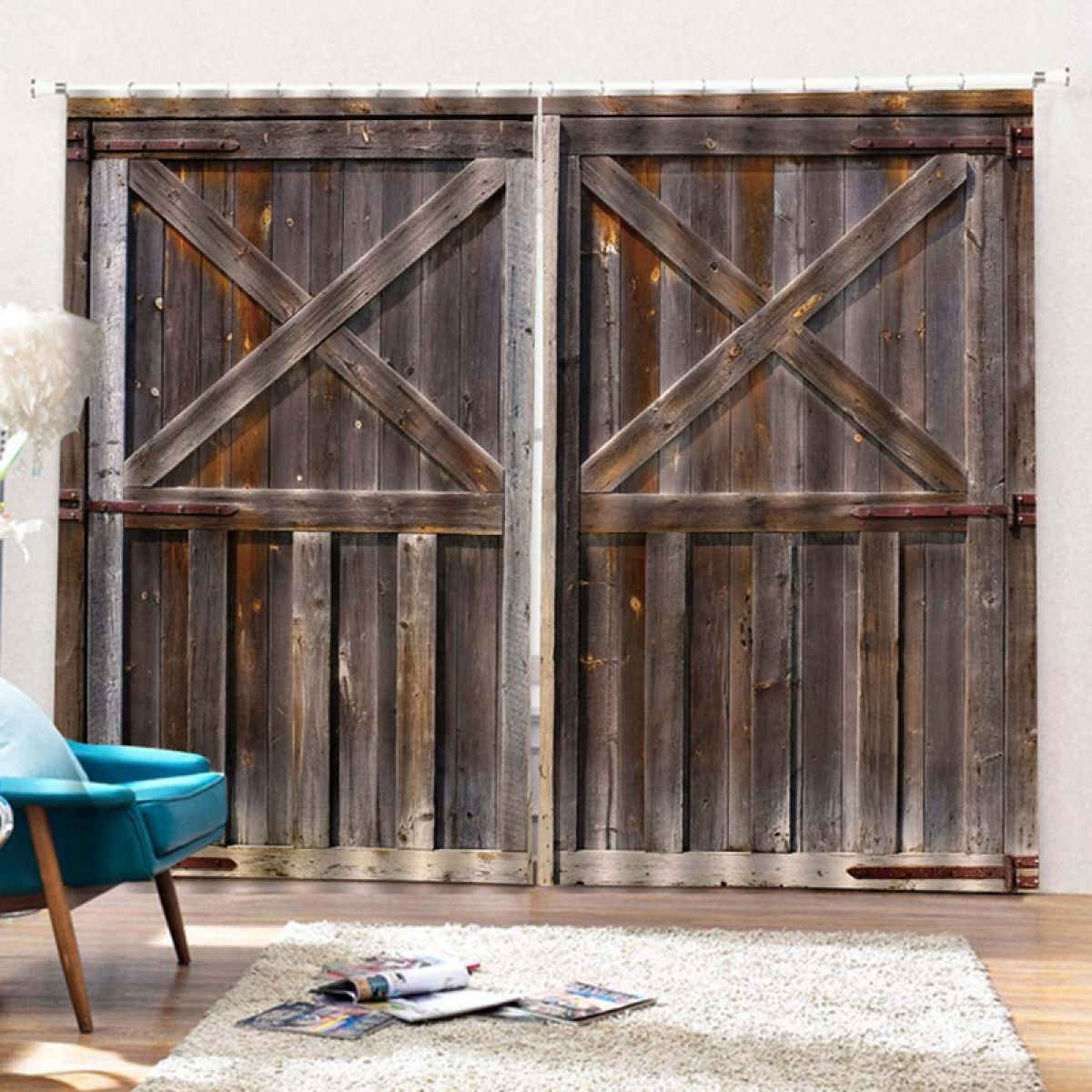 Grey Wooden Door Printed Window Curtain Home Decor grey wooden door printed window curtain home decor 8454