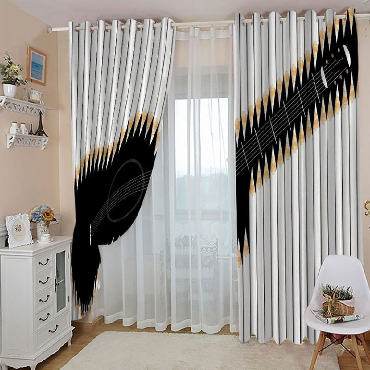 guitar dark and white printed window curtain home decor 1866