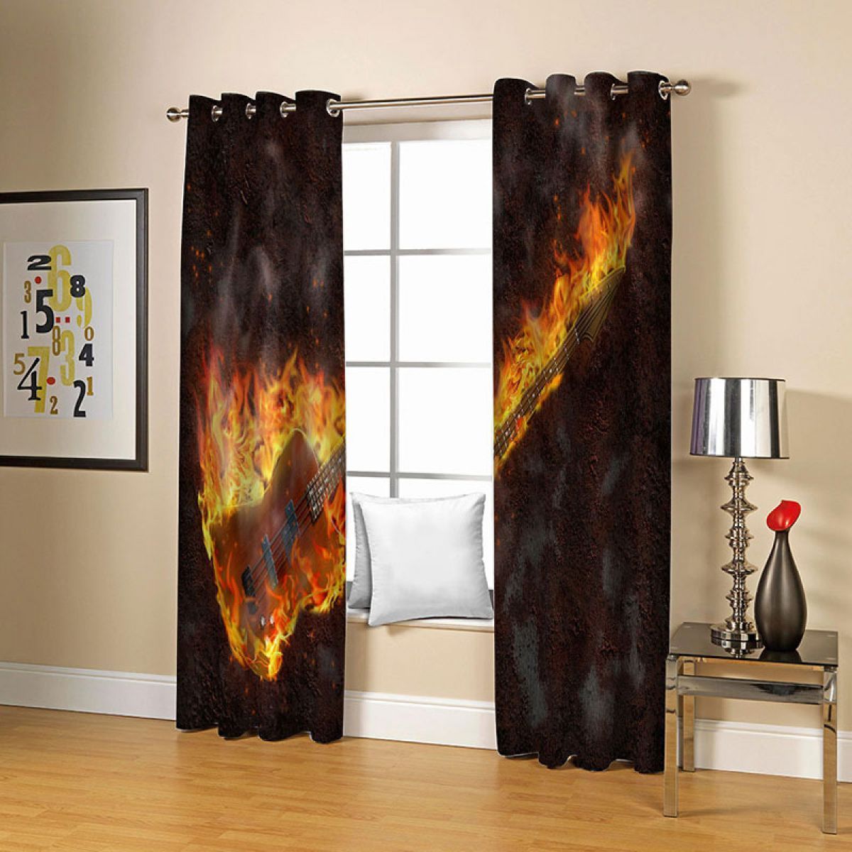 guitar with flame printed window curtain home decor 2353