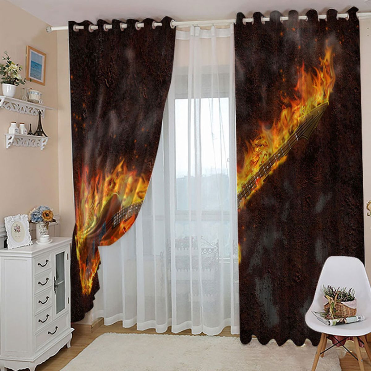 guitar with flame printed window curtain home decor 5358