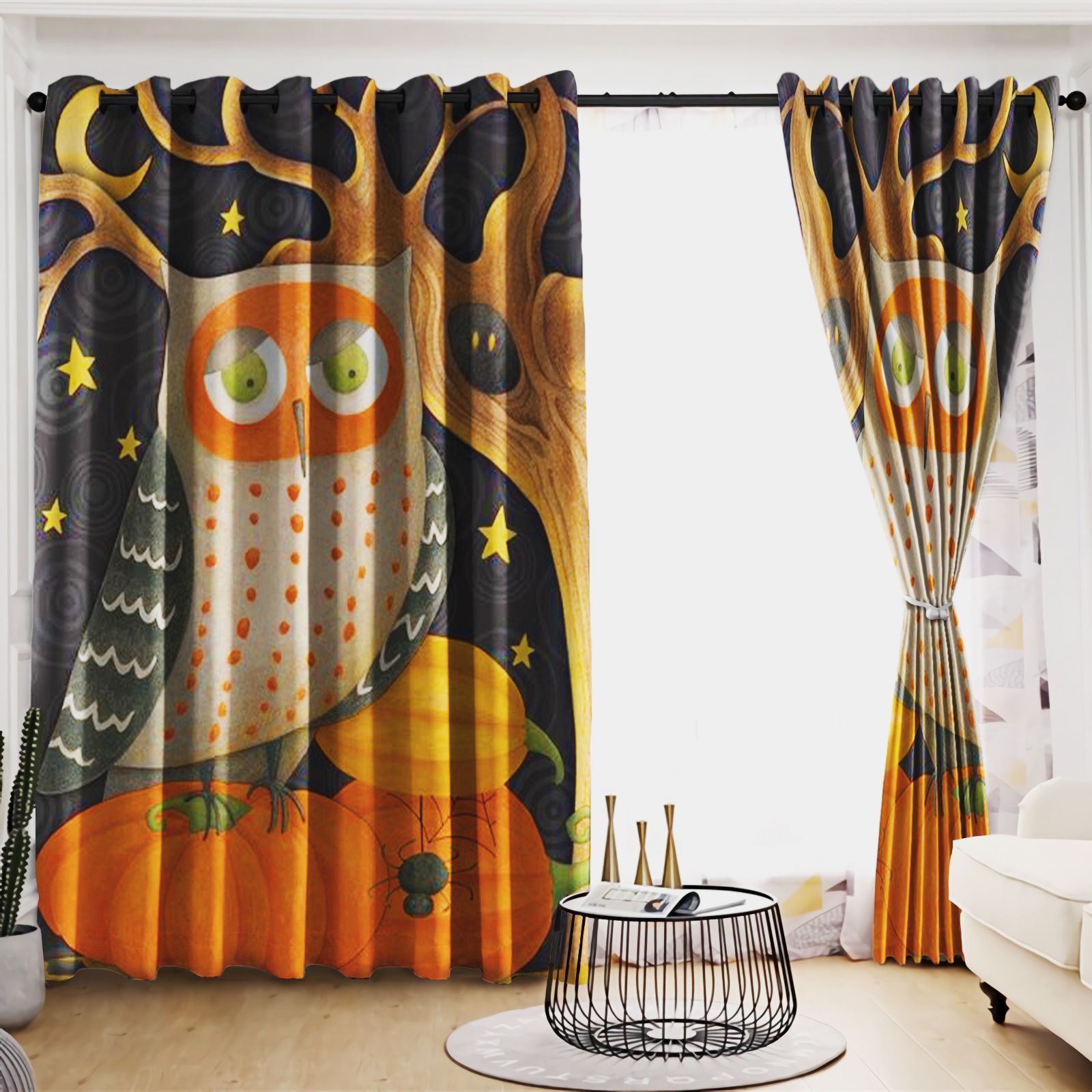 happy halloween pumpkin owl printed window curtain home decor 1119