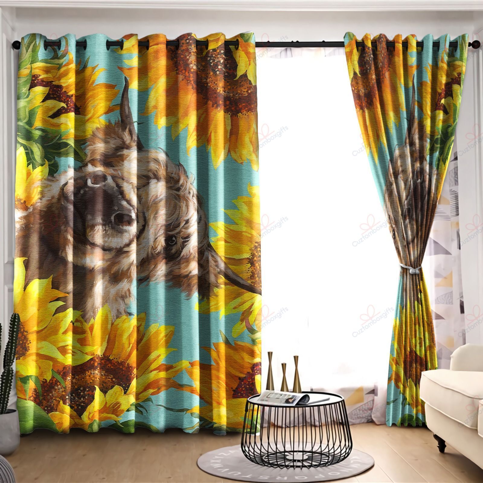 highland cow sunflower printed window curtain home decor 3162