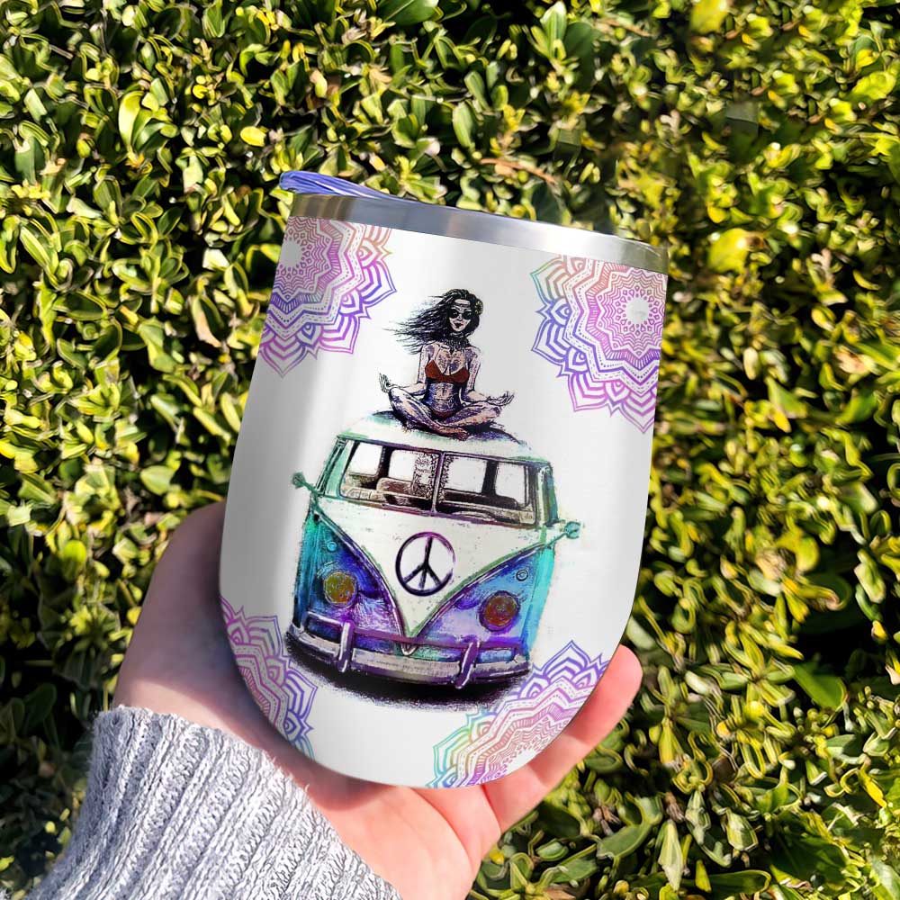 Hippie Van Peace Love And Light Wine Tumbler hippie van peace love and light wine tumbler 6118