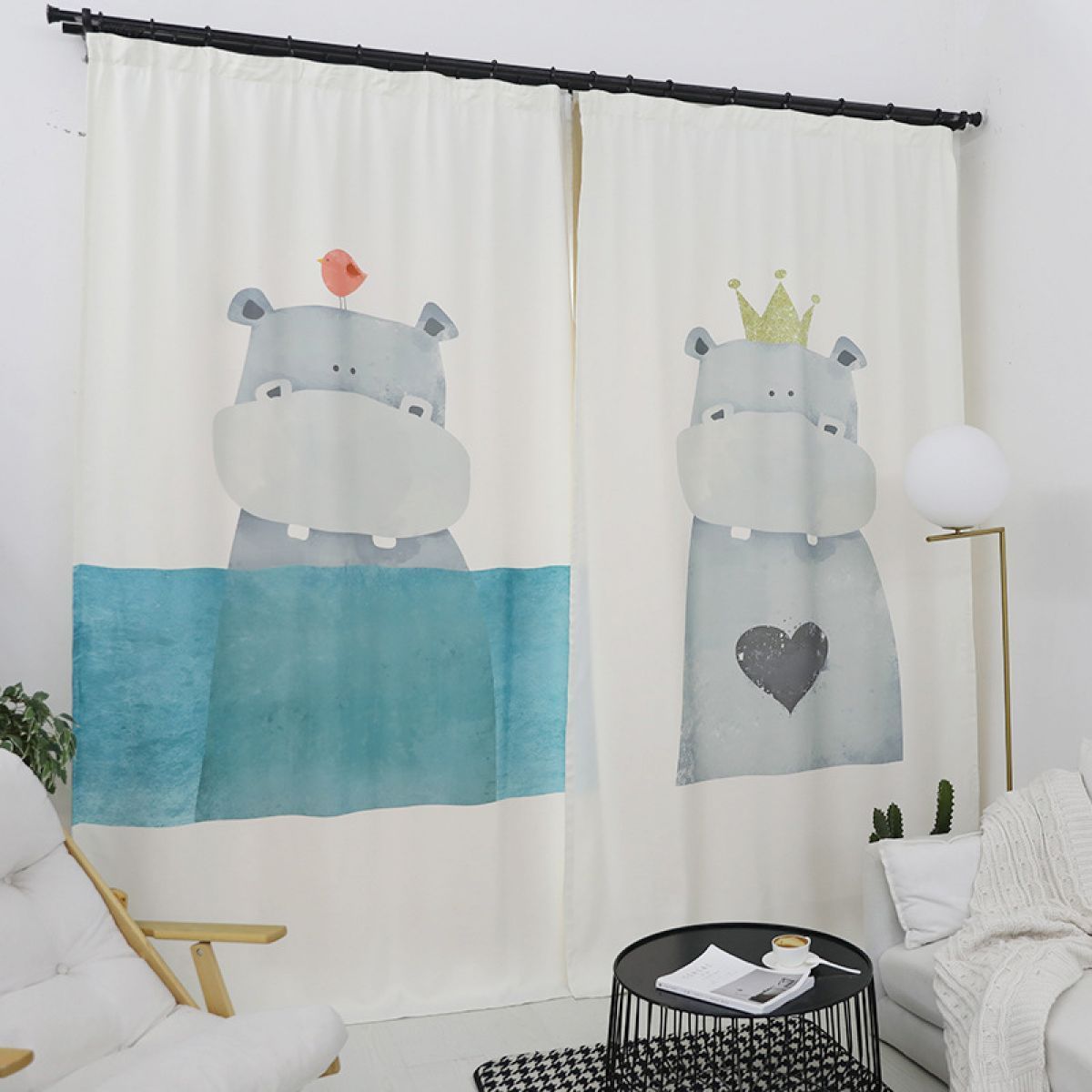 hippopotamus taking shower printed window curtain home decor 7176