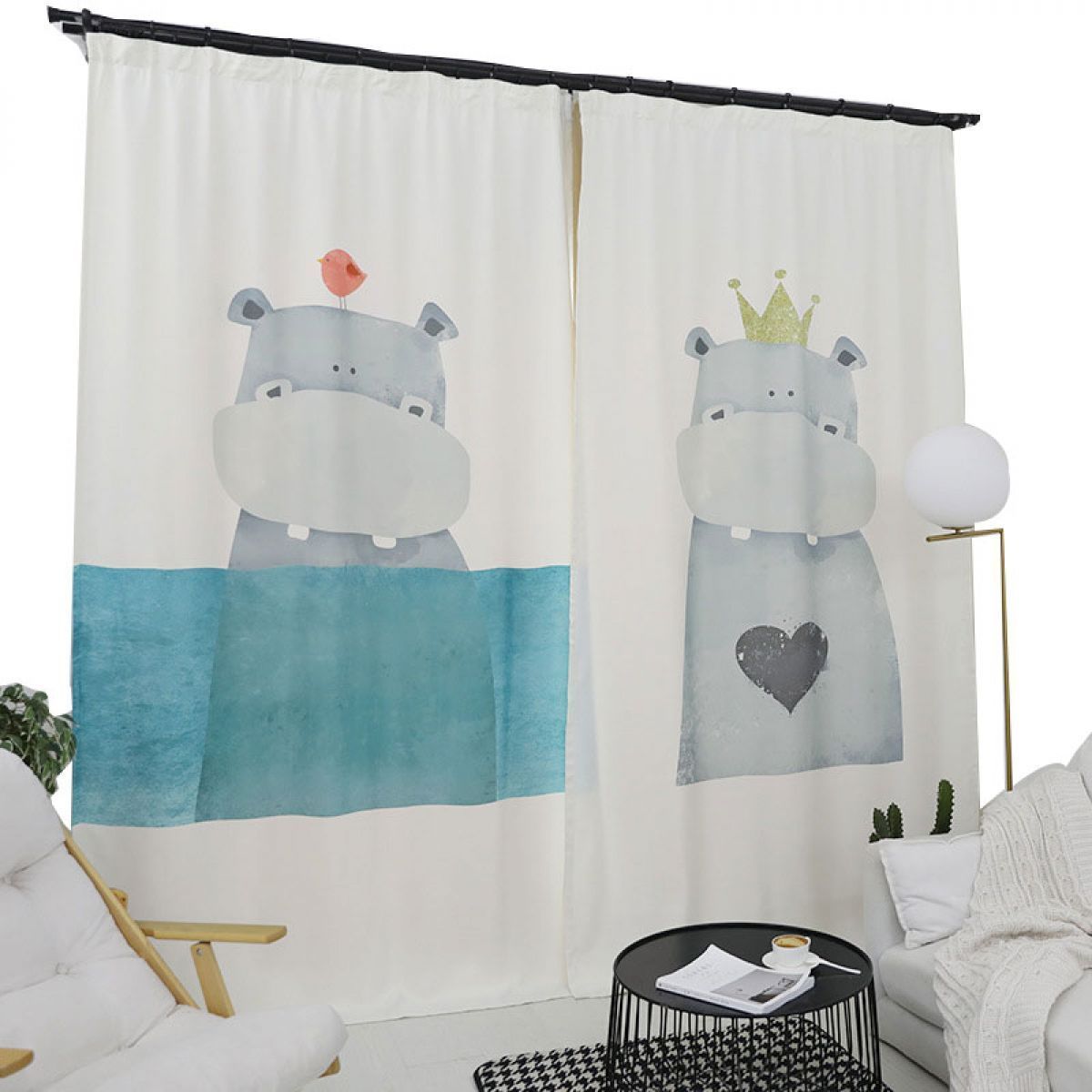 hippopotamus taking shower printed window curtain home decor 7244