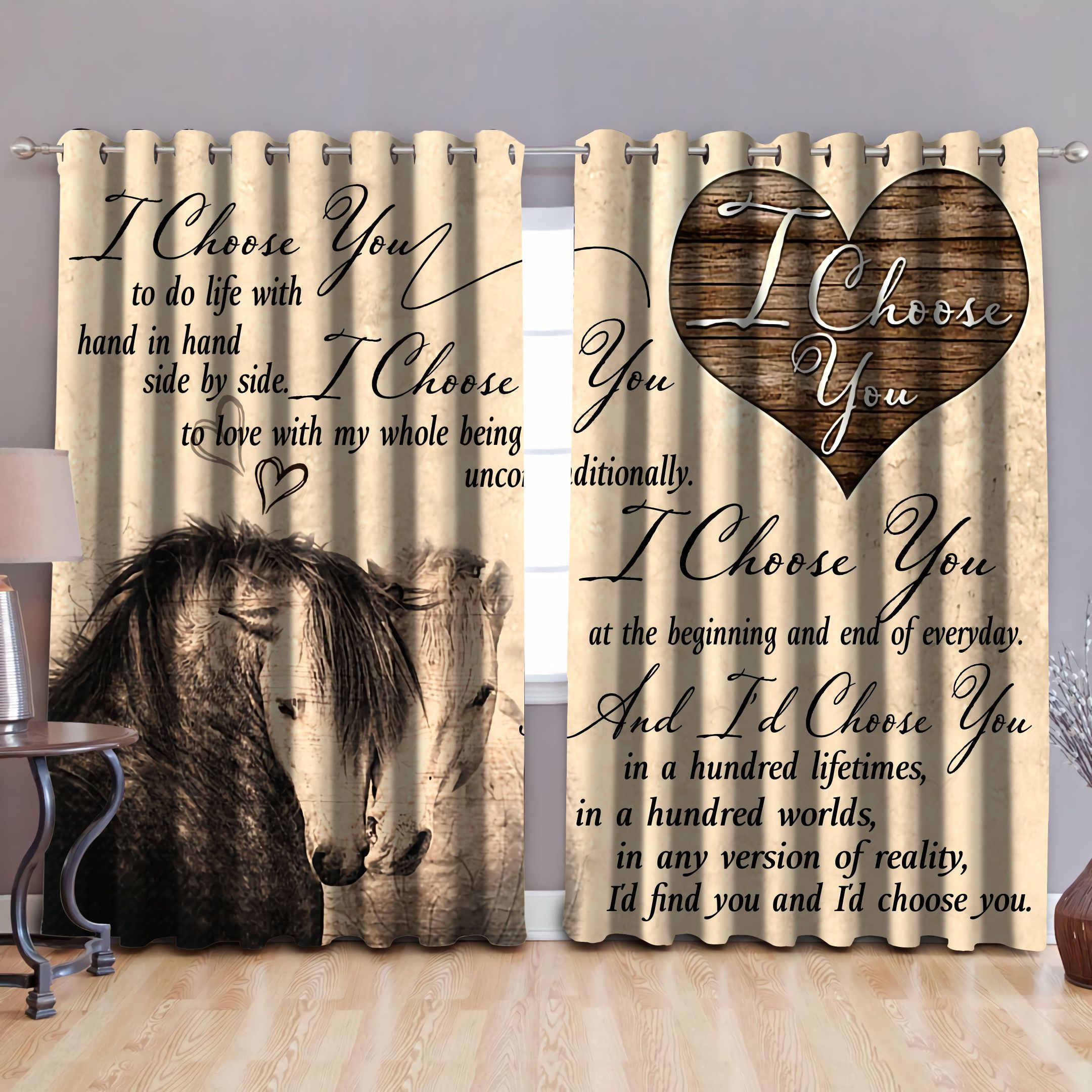 i choose you to do life with hand in hand horse printed window curtain 2477