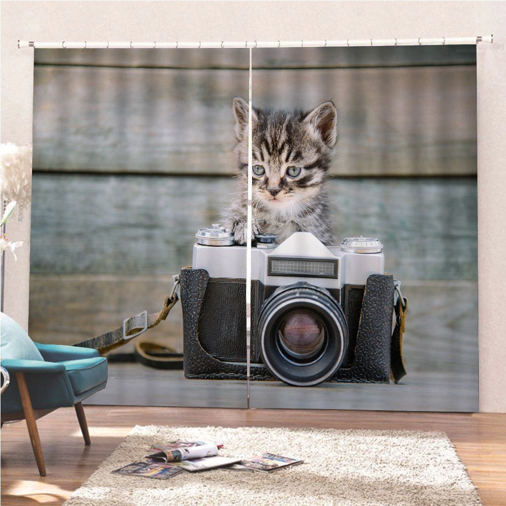 kitten with vintage photo camera printed window curtain 4507