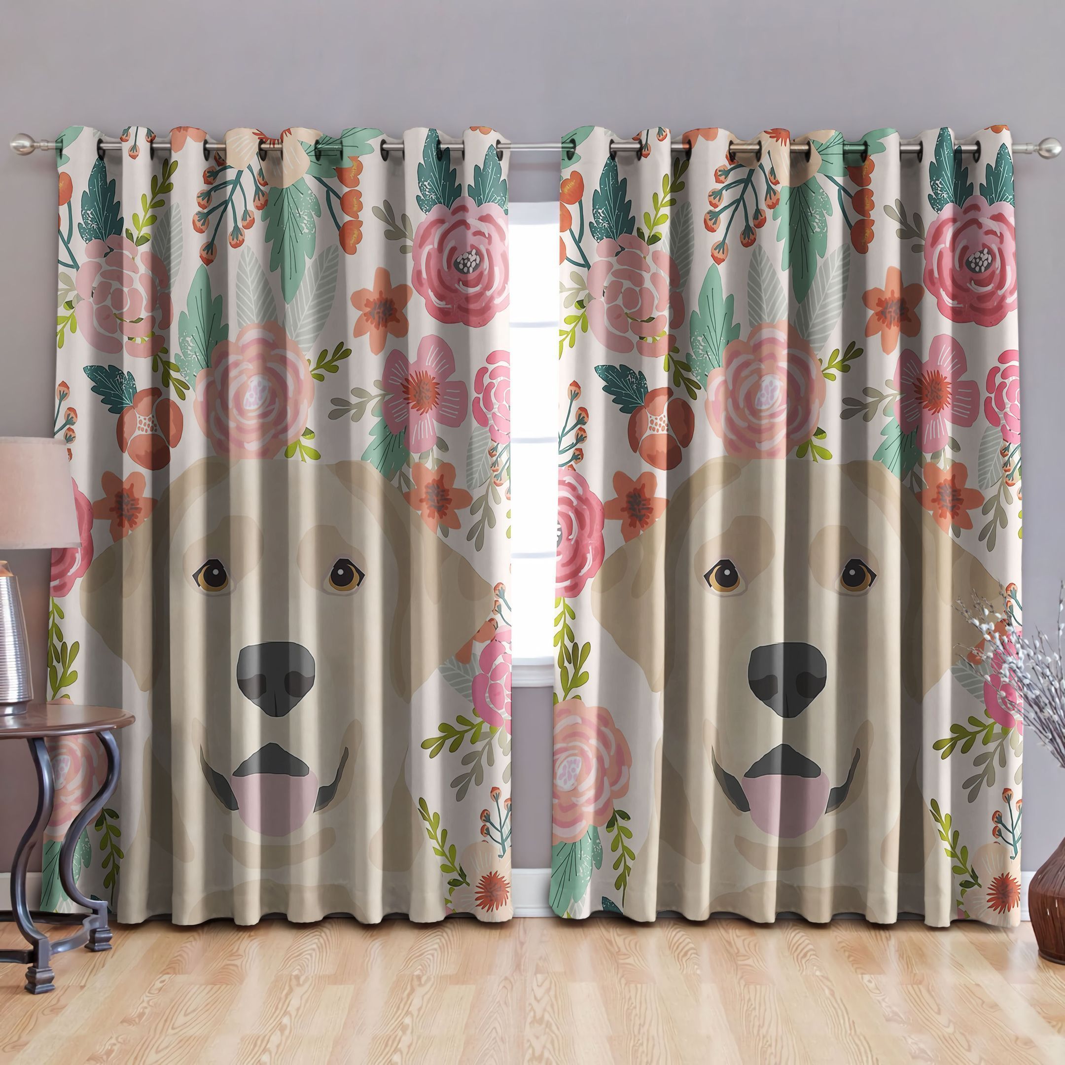 labrador and camellia pattern background printed window curtain home decor 5171