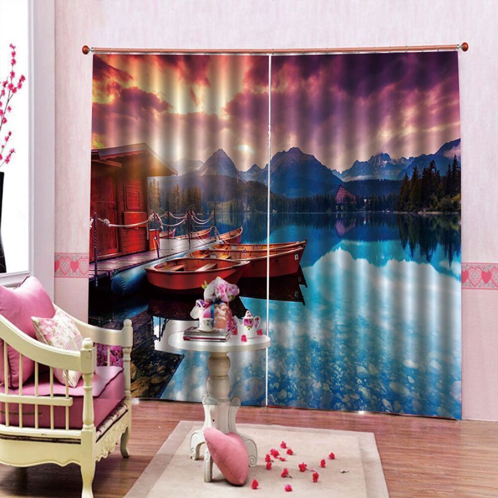 Lake And Mountain Boat And House Printed Window Curtain Home Decor lake and mountain boat and house printed window curtain home decor 7130