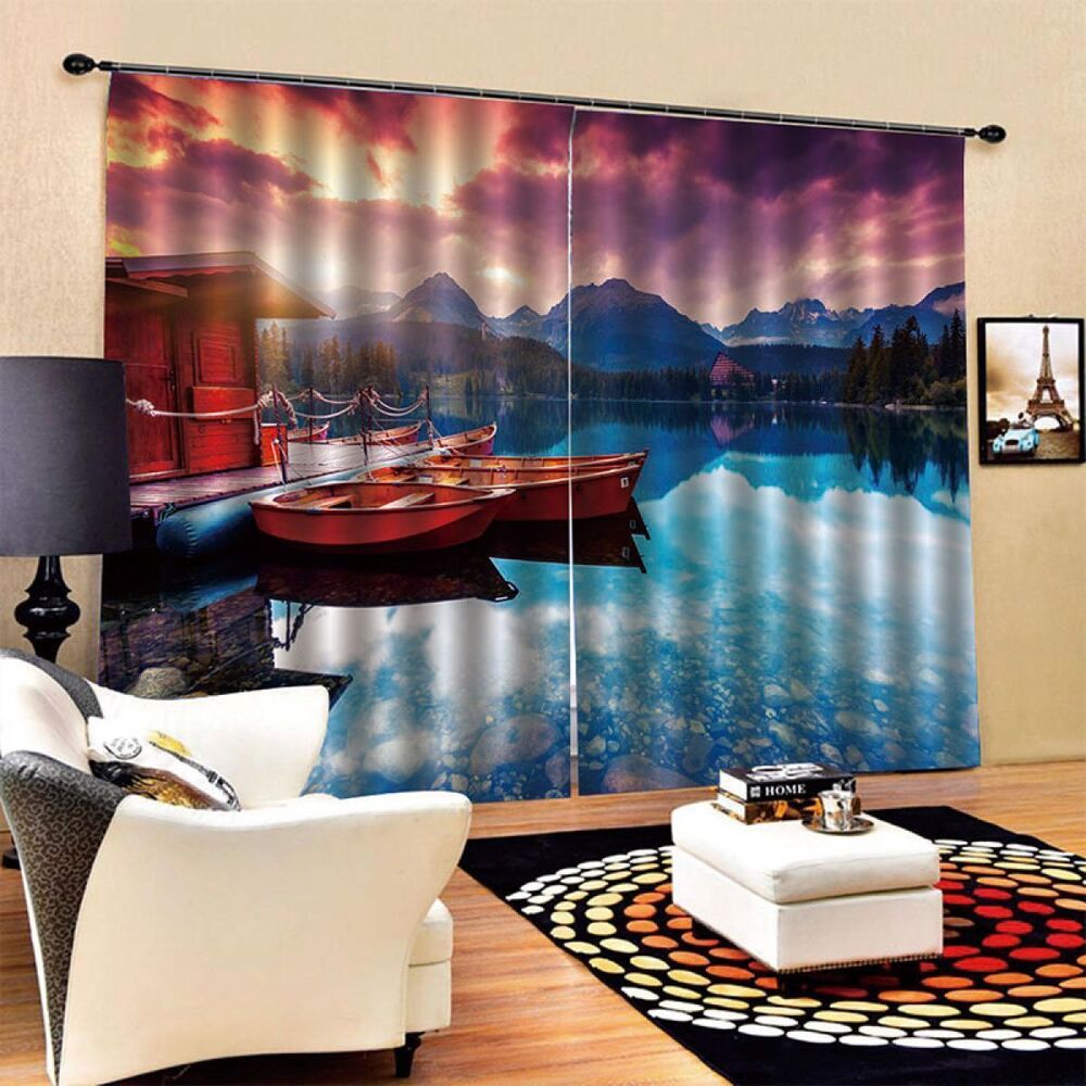 Lake And Mountain Boat And House Printed Window Curtain Home Decor lake and mountain boat and house printed window curtain home decor 7956
