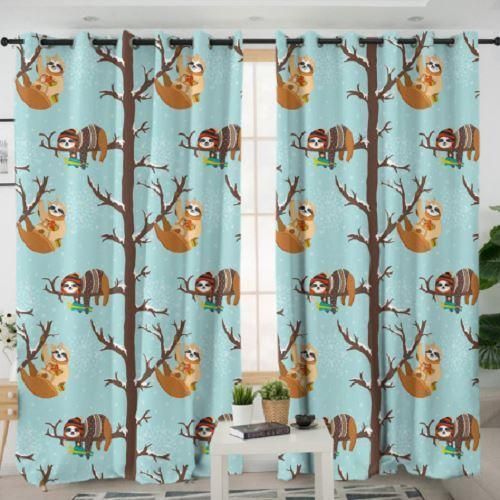 lazy life sloth family on tree printed window curtain 3681