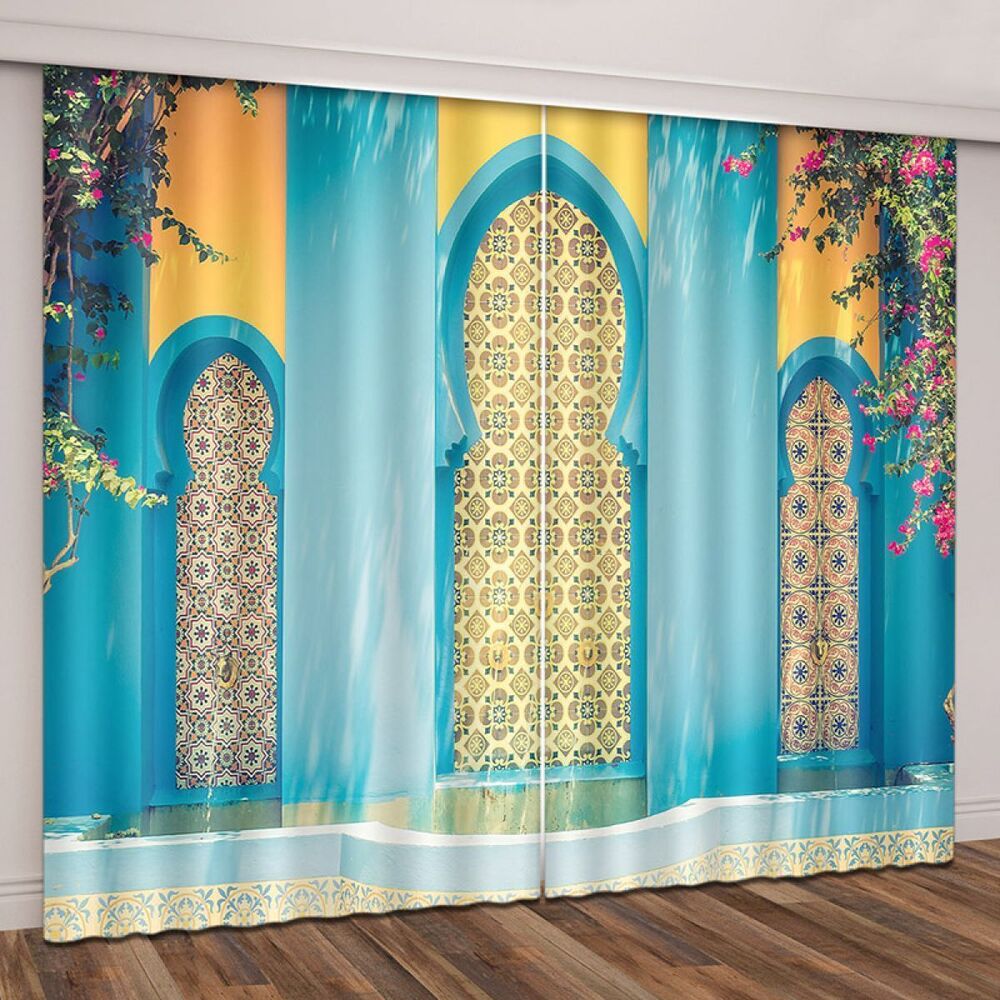 Light Blue And Yellow Bohemian Building Printed Window Curtain Home Decor light blue and yellow bohemian building printed window curtain home decor 1876