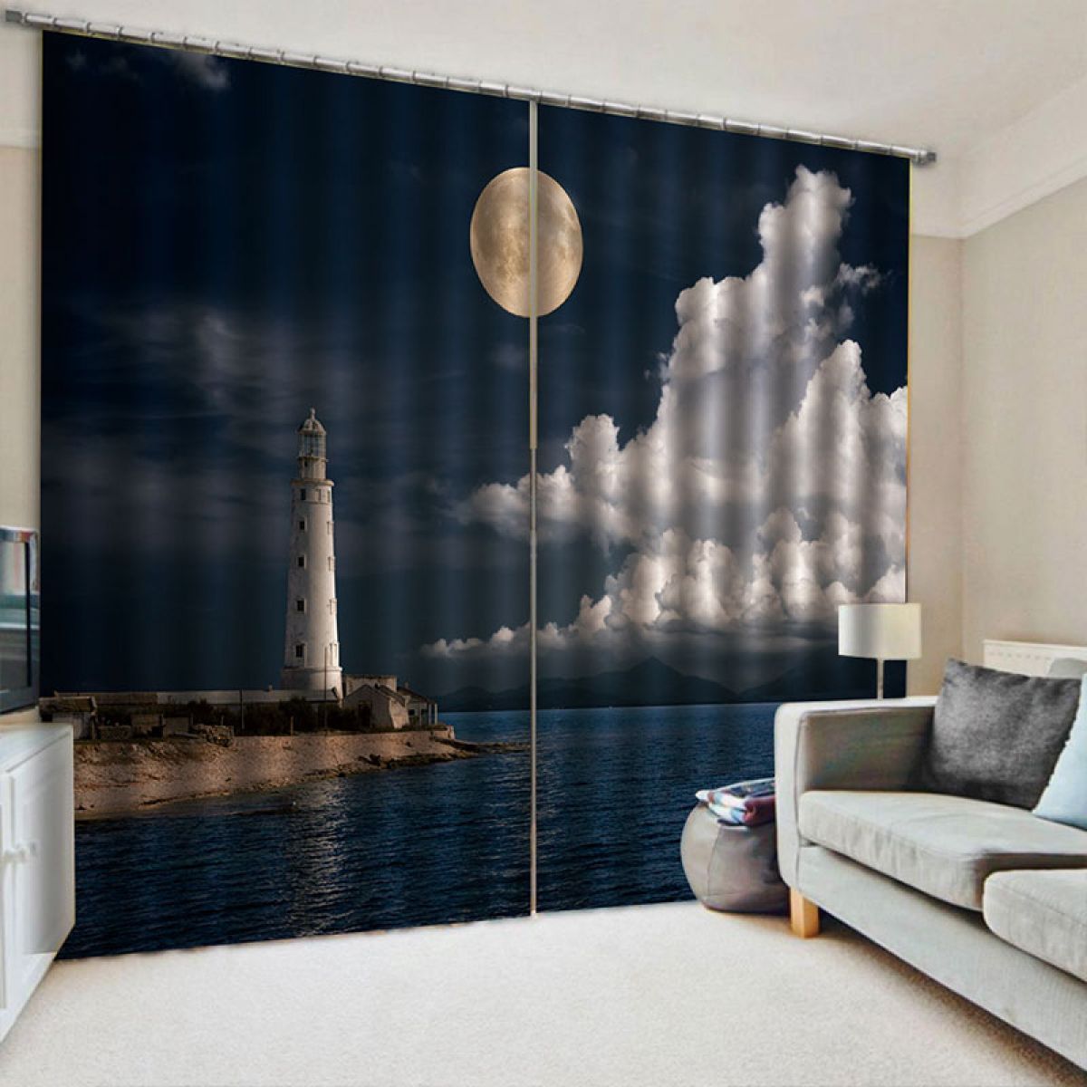 Lighthouse Full Moon Printed Window Curtain Home Decor lighthouse full moon printed window curtain home decor 1377