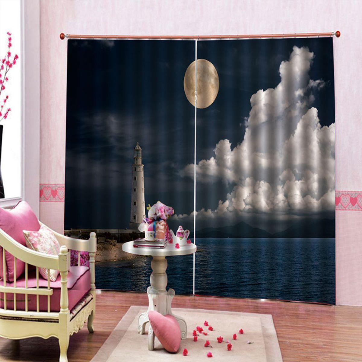 Lighthouse Full Moon Printed Window Curtain Home Decor lighthouse full moon printed window curtain home decor 1969