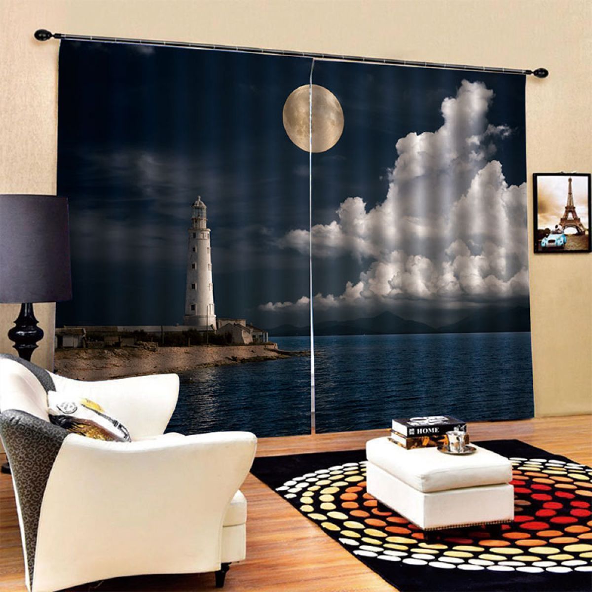 Lighthouse Full Moon Printed Window Curtain Home Decor lighthouse full moon printed window curtain home decor 4528