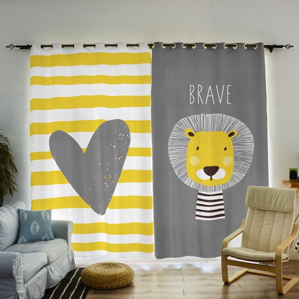 lion yellow and white stripes printed window curtain home decor 6670