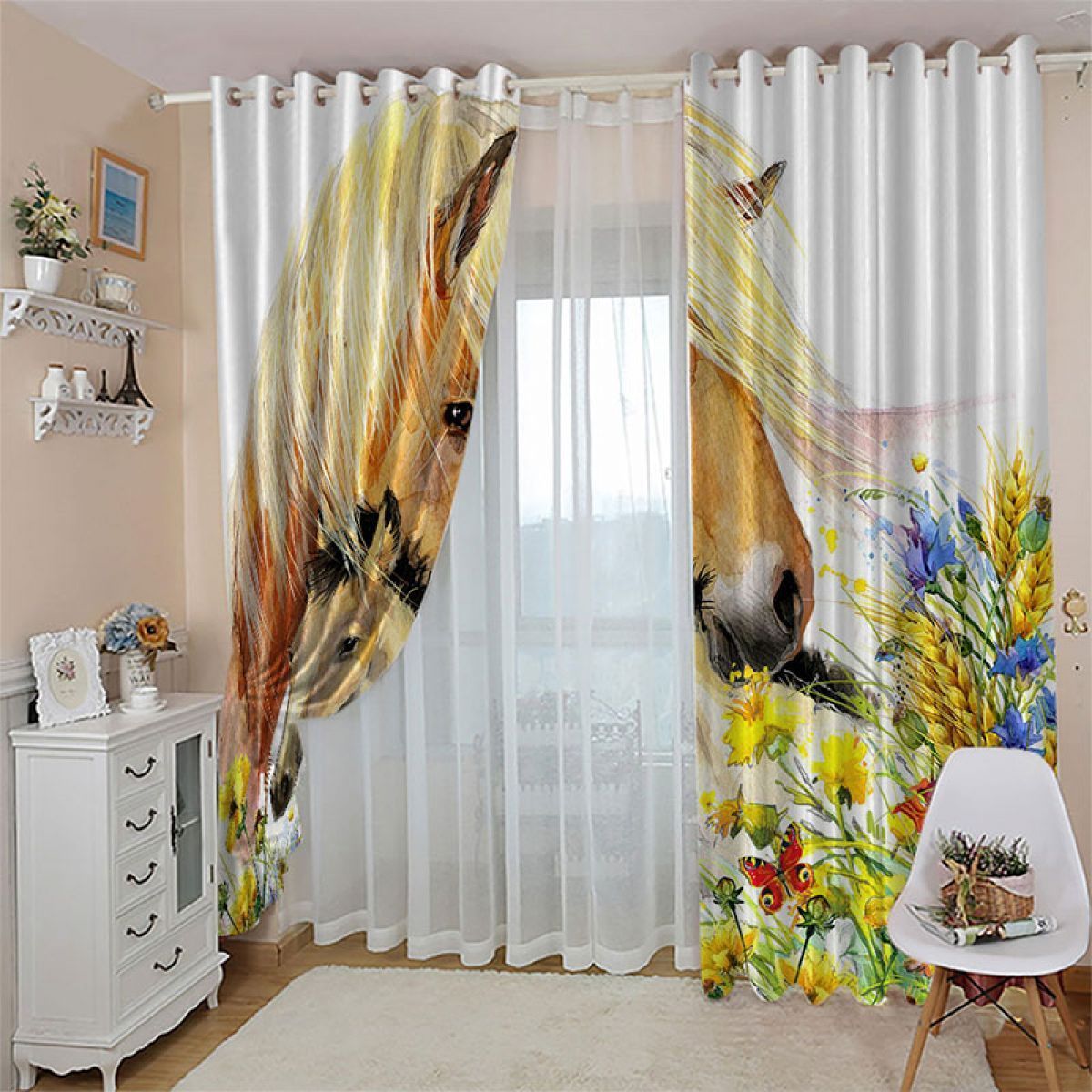 love horse in the flower printed window curtain home decor 7187