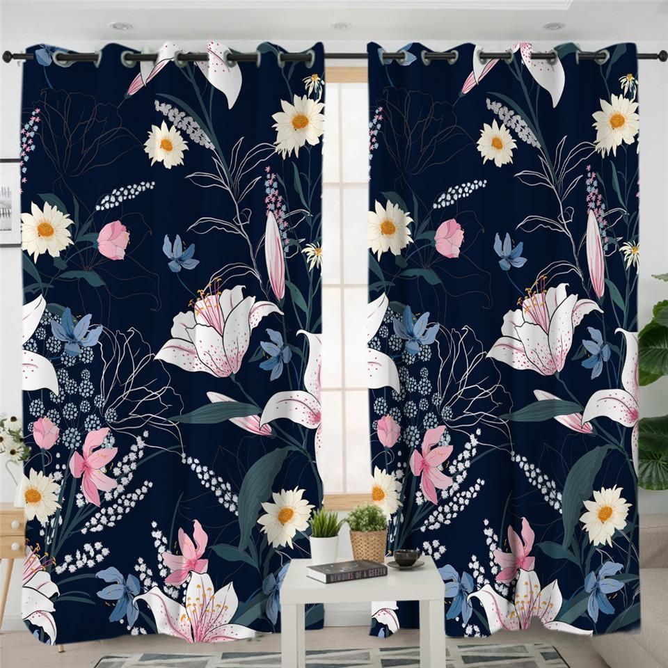 macroshot flowers dark blue window curtain home decor 3164