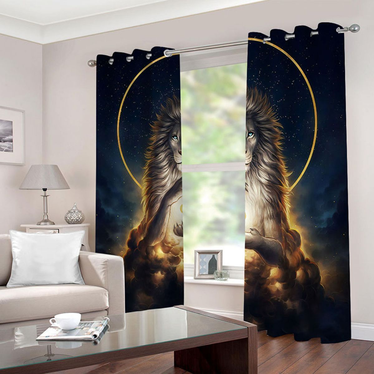 Magical Gold Lion Printed Window Curtain Home Decor magical gold lion printed window curtain home decor 2734