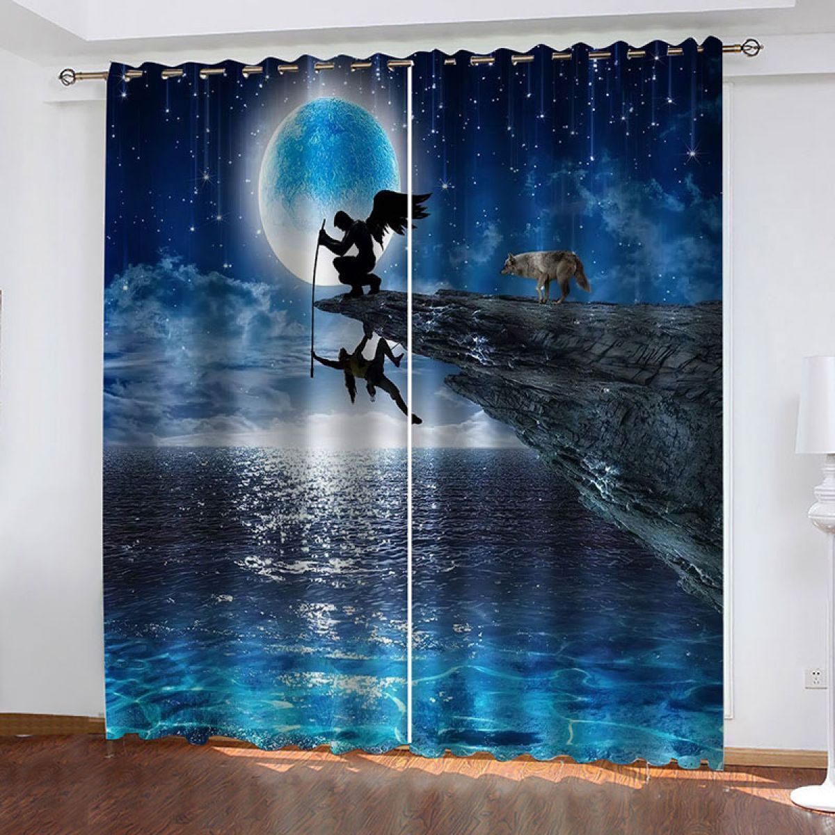 man and wolf moonlight printed window curtain home decor 5774