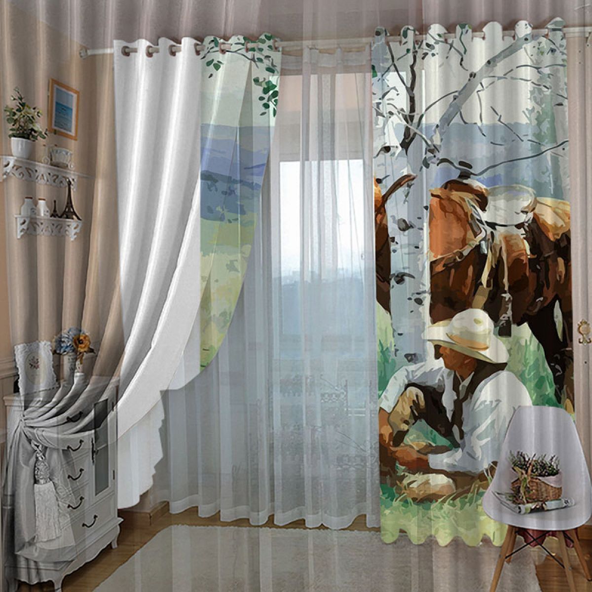 man sitting by the horse and dog printed window curtain home decor 3444