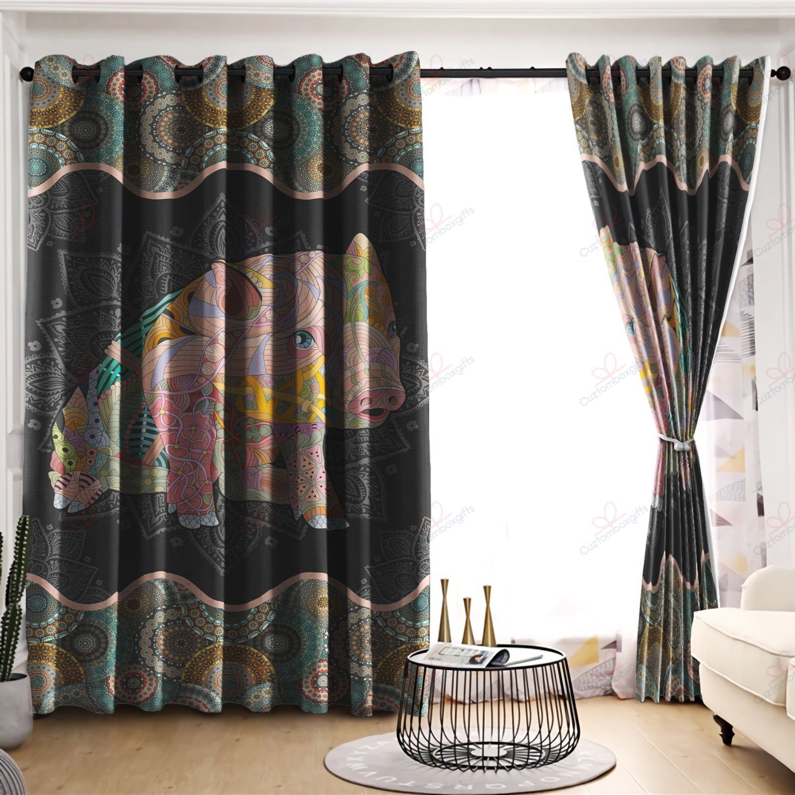 mandala pig printed window curtains home decor 2578