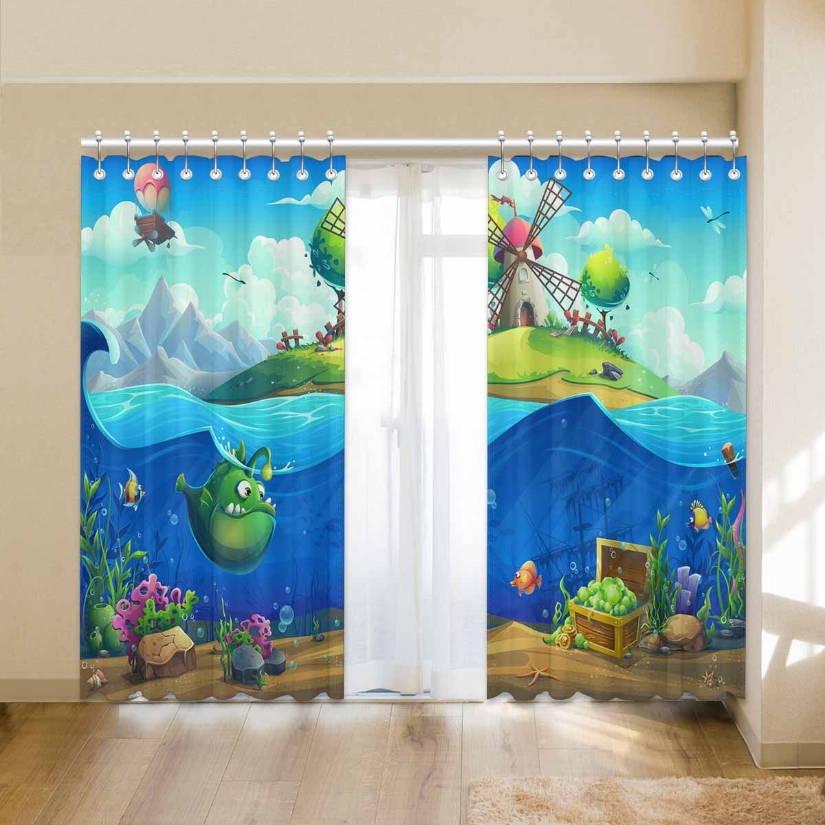 marine life landscape with island on sea printed window curtain 7014