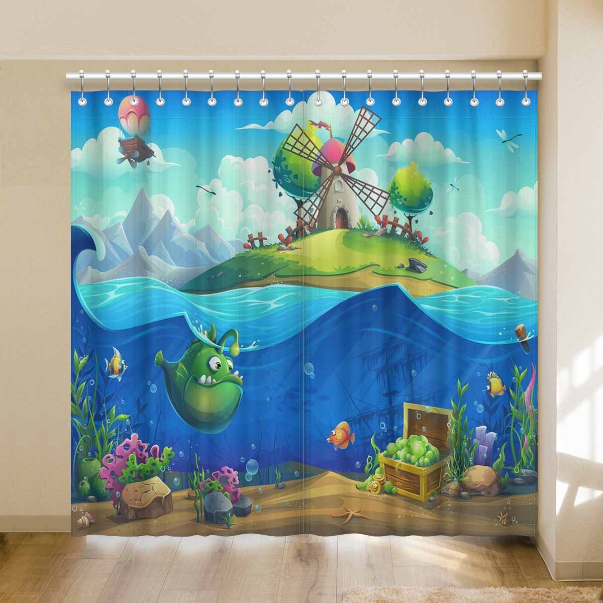 marine life landscape with island on sea printed window curtain 8608