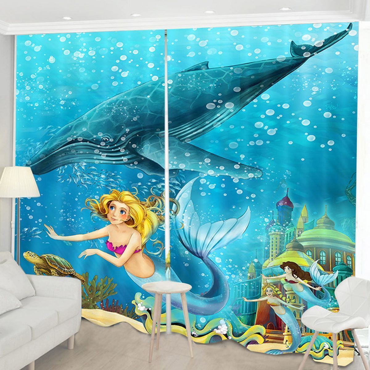 mermaid and blue whale printed window curtain home decor 1152