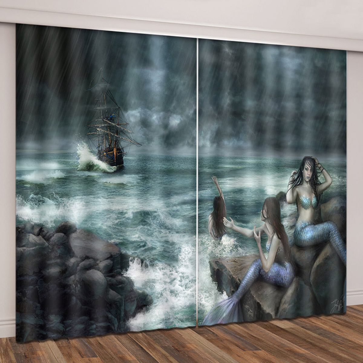 mermaid and boat in the storm patterned printed window curtain home decor 7347