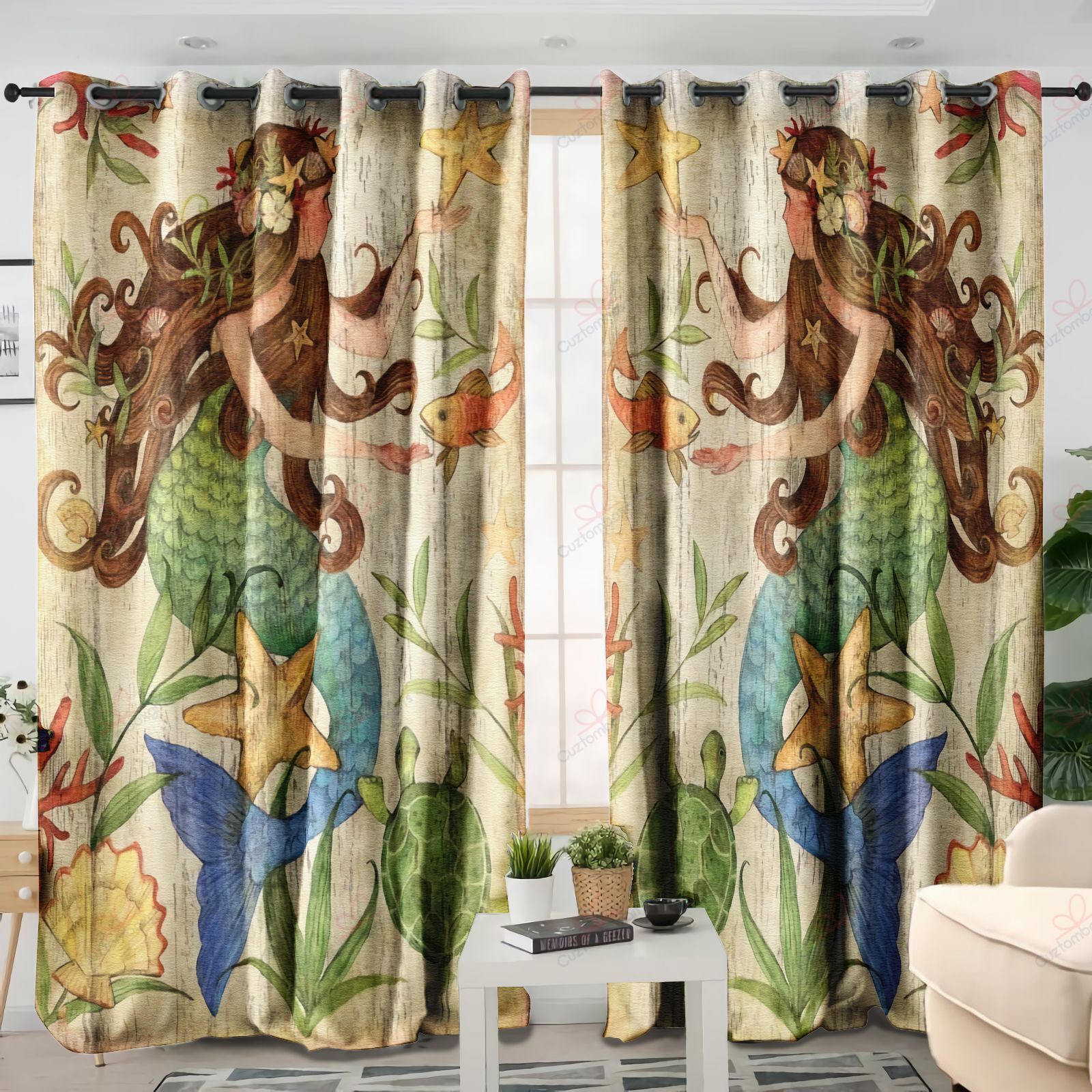 mermaid art vintage printed window curtains home decor 7724