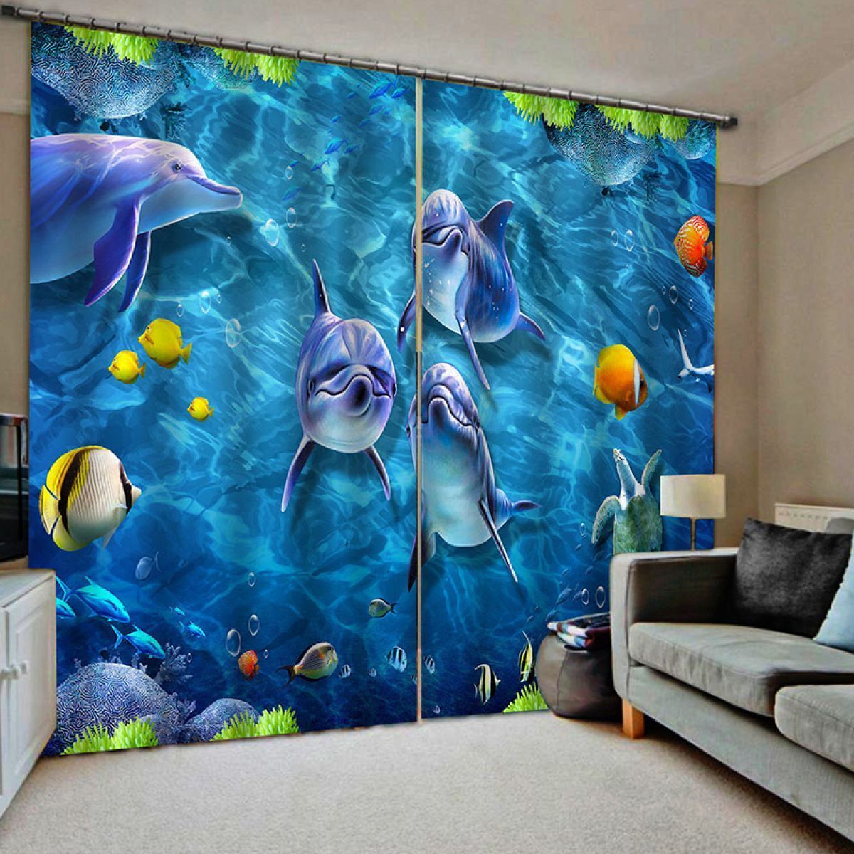 modern 3d dolphin ocean species printed window curtain home decor 8048