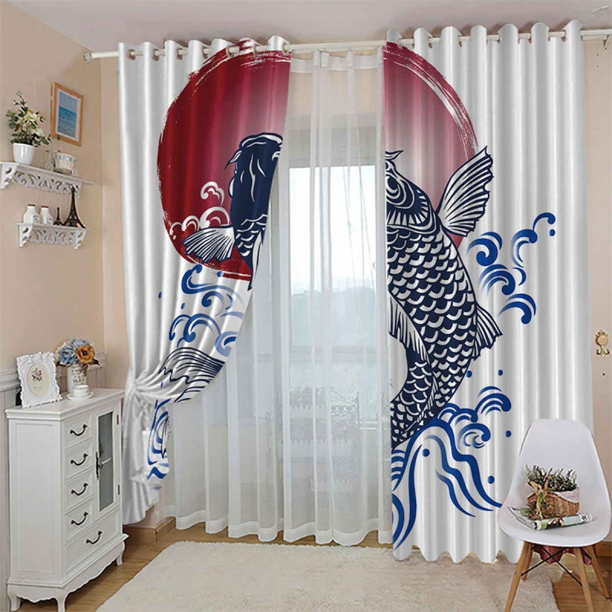 modern 3d fish and sun printed window curtain home decor 1549